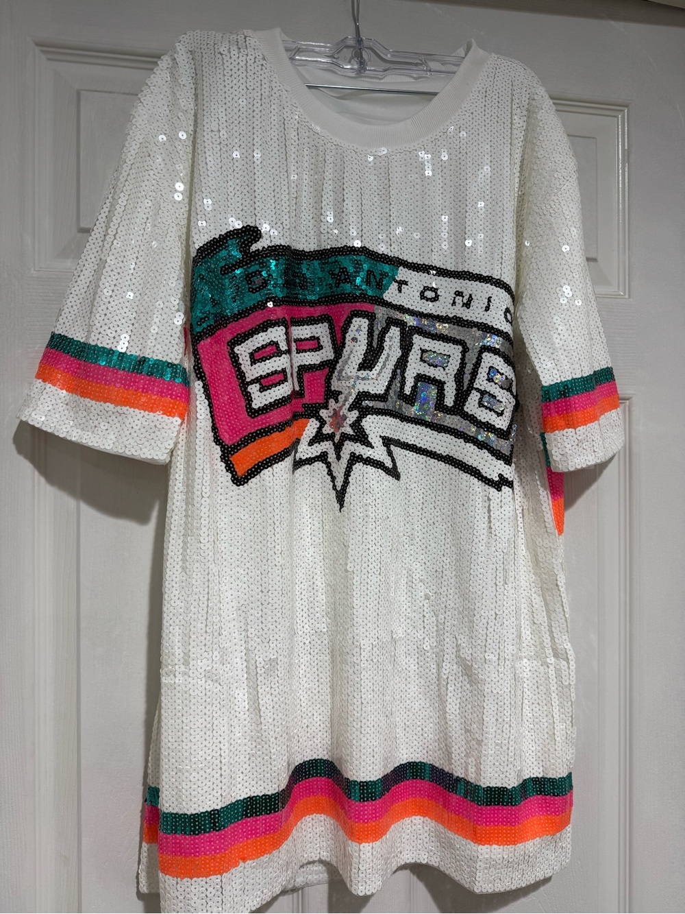 Sequin San Antonio Spurs Logo Dress in White with Teal, Pink & Orange Accents